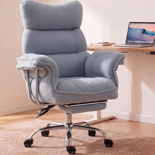 Dowinx Big and Tall Office Chair, Ergonomic Desk Chair with Thick Cushion, Wide Seat & Armrests Computer Gaming Chair,High Back Reclining Teddy Fleece Criss Cross Chair with Foot Rest, Blue by Dowinx