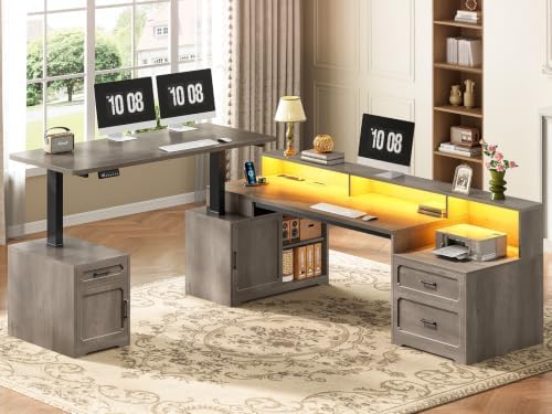 SEDETA Farmhouse L Shaped Standing Electric Desk with Storage, Grey - Image 3