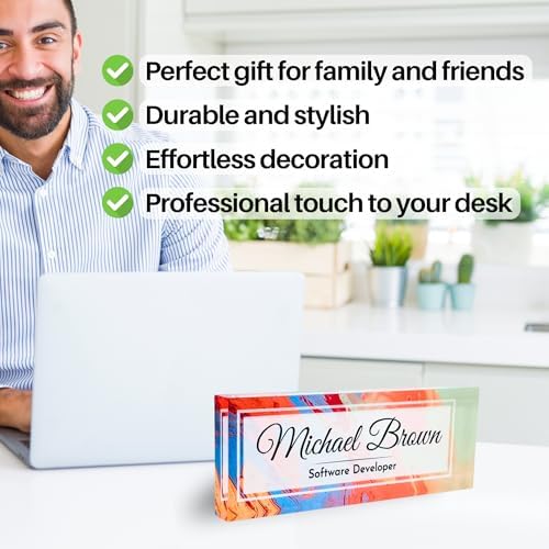 Customized Clear Acrylic Thick 8x3" Desk Name Plate Block with Personalized Logo - Professional Office Decor - Customized Acrylic Plate Gift for Teacher Co-workers (Colorful Paint) - Image 4