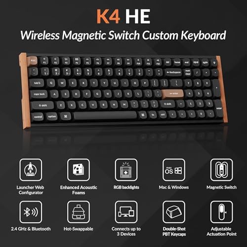 Keychron K4 HE 96% Wireless Hall Effect Keyboard with Number Pad, Rapid Trigger Magnetic Switches, QMK Launcher, 2.4GHz/Bluetooth/Wired, Mac & Windows, Wood Accent Frame, Black (Non-Shine-Through) - Image 2