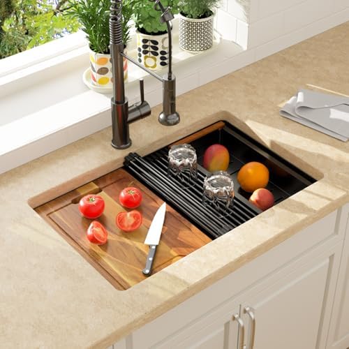 Lordear 28 Inch Black Granite Composite Kitchen Sink Workstation 28x19 Matte Black Undermount Quartz Sinks Under Counter Single Bowl Sink with Black Accessories - Image 2