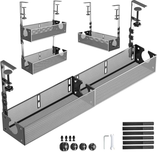 Multi-Model Under Desk Cable Management 2 Pack Metal Under Desk Wire Management Tray Clamp Mount Under Table Cord Management No Damage The Desk by SEYHAKI