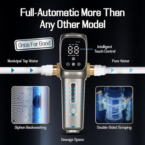 Automatic Spin Down Sediment Filters 40 Micron, Touch-Screen Auto Flushing and Drainage, 360°Rotatable Head, Reusable Whole House Water Filter, 1" MNPT + 3/4" FNPT, Gray - Image 6