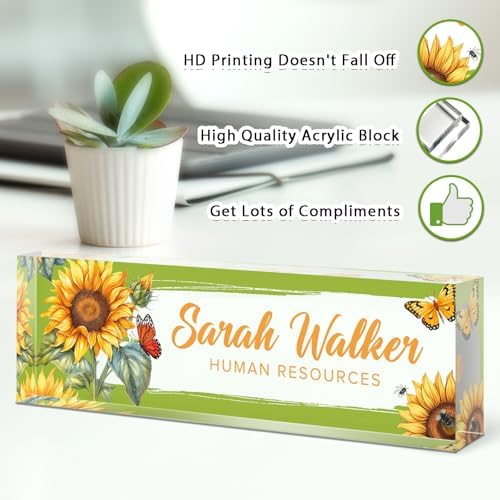 Name Plate for Desk, Desk Name Plate Personalized, Office Decor for Women Men, Acrylic Desktop Accessories, Office Appreciation Gifts for Boss Social Workers Nurse Teacher Employee (Sunflowers) - Image 3