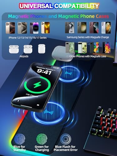 Mouse Pad with 15W Magnetic Wireless Charging, RGB Mousepad for Desk Mat, XXL Desk Pad with 11 Colors 5 Modes, Home Office Keyboard Pad Waterproof Non-Slip for PC Gaming - Image 2