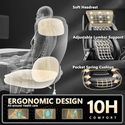 Indulgear Large Heavy Duty Office Chair with 5D Flip Arms,Comfy Big and Tall Executive Office Desk Chair with Pocket Spring Cushion,High Back Computer Chair with Lumbar Support,Dual Rubber Wheel - Image 5