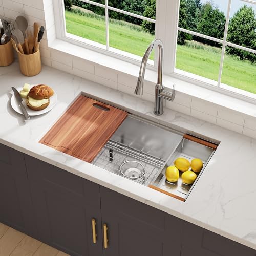 32 Inch Undermount Workstation Handmade Single Bowl Kitchen Sink by Quikore