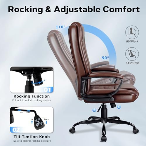 Office Chair, High Back Ergonomic Home Office Desk Chairs with Lumbar Support, Adjustable Big and Tall Computer Chair, 360° Swivel, PU Leather, Brown - Image 6