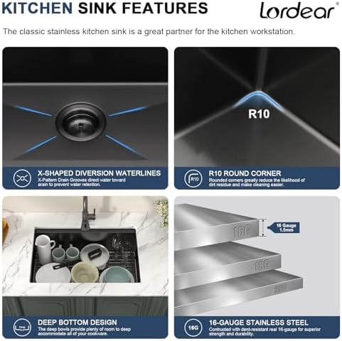 Lordear 27x19 Black Kitchen Sink - T304 16 Gauge Undermount Kitchen Sink Workstation Gunmetal Black Stainless Steel Single Bowl Handmade Round Corner 27x19x10 Inch - Image 4