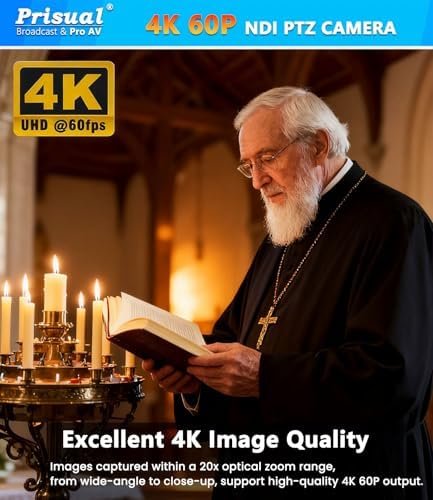 Prisual 4K60 NDI HX3 AI Auto Tracking PTZ Camera, 20X Optical Zoom, PoE, 3G-SDI, HDMI, USB, LAN, 4 Outputs for Church Worship, Education, Broadcast, Live Streaming - Image 2