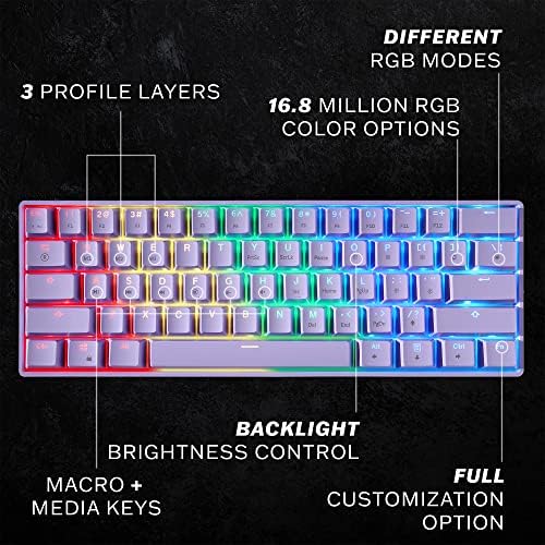 HK GAMING GK61s Mechanical Gaming Keyboard - 61 Keys Multi Color RGB Illuminated LED Backlit Wired Programmable for PC/Mac Gamer (Gateron Mechanical Yellow, Lavender) - Image 2