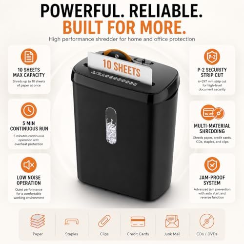10-Sheet Strip Cut Paper Shredder with Jam Proof System, P-2 Security Level, 5-Minute Continuous Operation, 3.17 Gallon Capacity, Black - Image 2