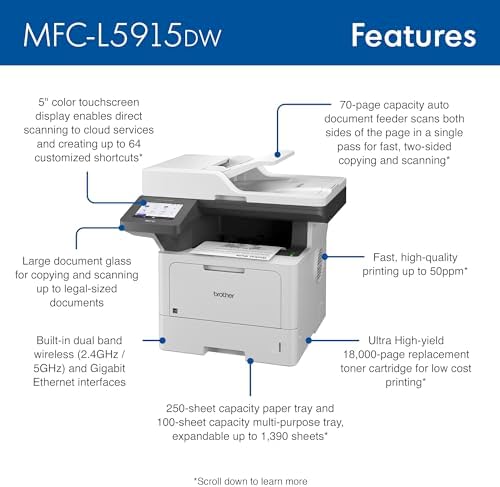 Brother Professional Laser Printer All-in-One with Scanner and Copier, High-Speed 50 ppm Monochrome Printing, Wireless Network Ready, Dual-Band WiFi, Auto 2-Sided Print (MFC-L5915DW) - Image 2