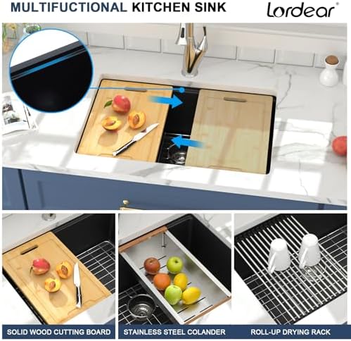 Lordear Undermount Kitchen Sink Composite Granite Sink Quartz Sinks Workstation 28 Inch Black Under Counter Kitchen Sinks 28x19 Inch - Image 6