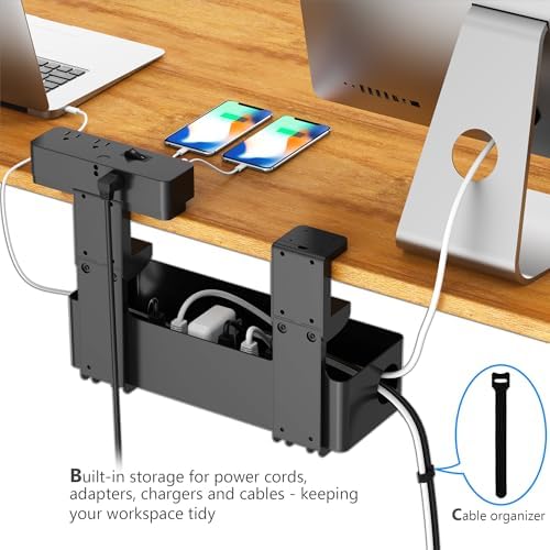 Hiree Under Desk Cable Management Tray with Power Strip, 8 AC Outlets, 2 USB Ports & 1 USB-C Port, Clamp Mount Desk Cable Organizer, No Drill Cord Management Tray for Standing Desk, Home Office（Black） - Image 7