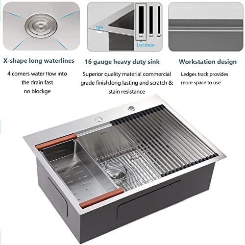 Lordear Kitchen Sink Drop In 28x22 Topmount 16 Gauge Stainless Steel Single Bowl Ledge Workstation Kitchen Sink Basin - Image 4