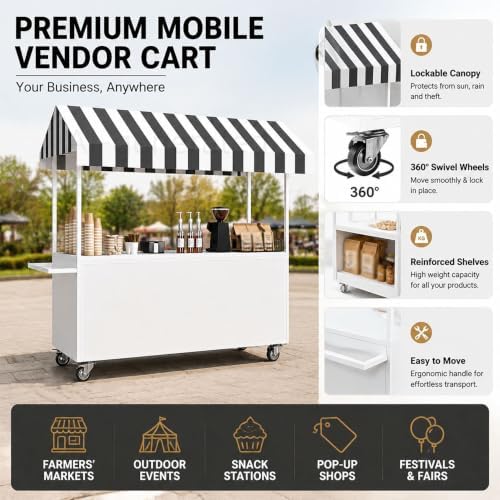 Portable Vendor Cart with Lockable Canopy and Wheels, Large Mobile Food Display Stand for Outdoor Markets & Events, Sturdy Metal Snack Kiosk with 360° Swivel Casters (Blue, 47x23.6x78.7in) - Image 3