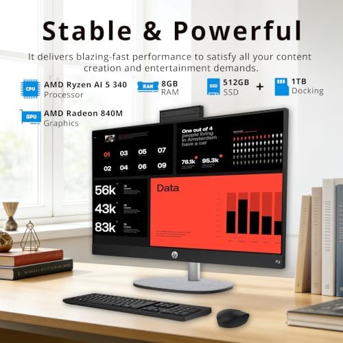 HP 23.8" FHD Touchscreen All-in-One Desktop AI PC, AMD Ryzen AI 5 340, 8GB DDR5, 1.5TB Storage (512GB SSD+1TB Docking Station), FHD IR Camera, Wi-Fi 6, Wireless Keyboard & Mouse, Win 11, Black - Image 3