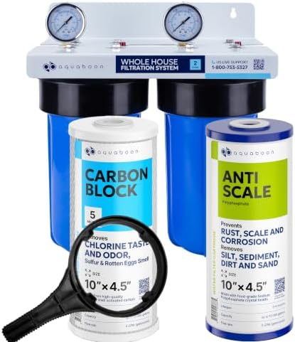 Aquaboon 2-Stage Whole House Water Filter System with 5 Micron 10x4.5 Anti-Scale Reducing Sediment Water Purification and Carbon Chlorine Reduction Filter, Pressure Gauges, Wrench, Bracket by Aquaboon