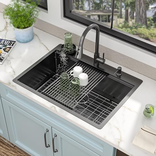 30"x22" Drop In Kitchen Sink Ledge Workstation – Gunmetal Black NANO-PVD, 16 Gauge 304 Stainless Steel Top Mount Single Bowl Sink Basin with Faucet Combo & Glass Rinser - Image 3