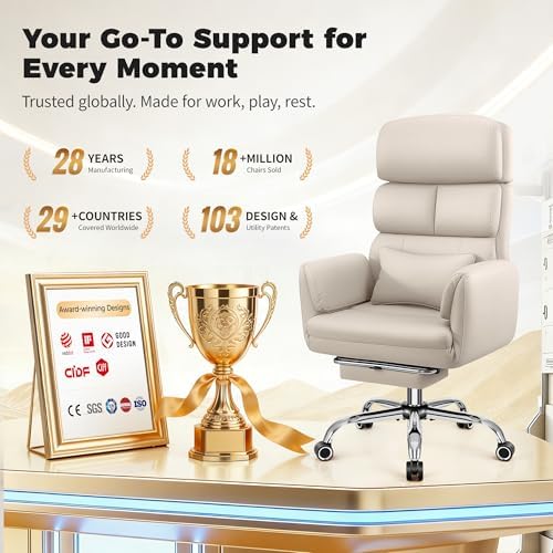 Big and Tall Office Chair 500LBS, Ergonomic High Back Leather Executive Chair, Reclining Swivel with Adjustable Armrests Lumbar Support Footrest, Cross Legged, Beige - Image 3