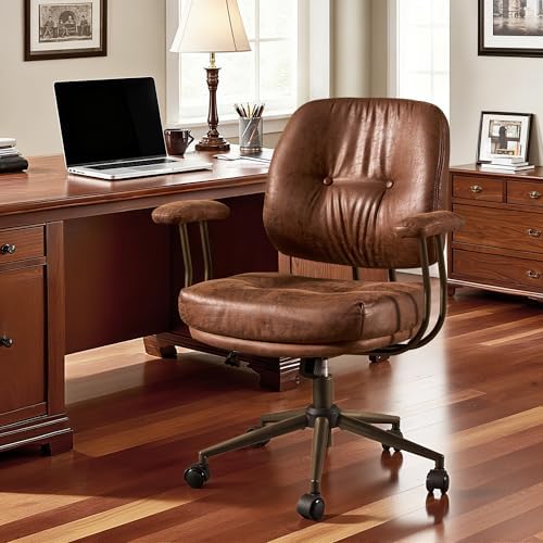Brown Leather Home Office Chair, Mid Back Ergonomic Desk Chair with Lumbar Support, Mid Century Modern Deep Seat Swivel Rocking Computer Chair, Dark Brown Suede by Eco-ChicLivingBeautifullyAffordable