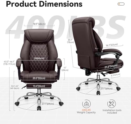 Office Chair, Executive Leather Office Chairs with Rocking Function, Big and Tall Ergonomic Computer Chair with Lumbar Support Flip-Up Armrests, Comfortable Gaming Chairs for Home Ofiice - Image 2