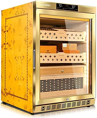 RACHING Cigar Humidor Cabinet, MON800 Cigar Climate Control Cabinet with Ammonia Removal, 140L Wood Frame Cabinet for Cigar Storing&Aging - Gold by RACHINGCigarWineCabinet