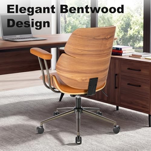 Mid Century Walnut Bentwood PU Leather Office Chair with Arms, Brown - Image 4
