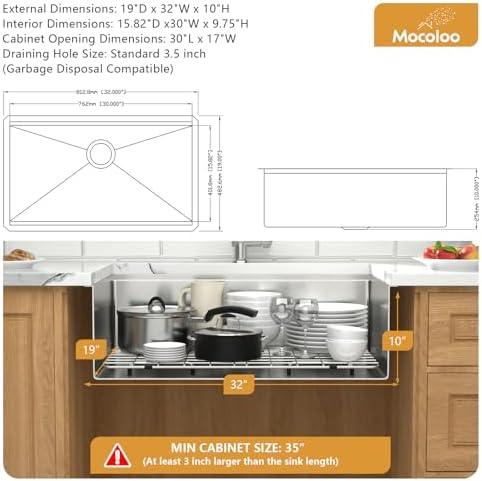 32 Inch Undermount Kitchen Sink - Mocoloo 32 x19 Kitchen Sink 16 Gauge Stainless Steel Deep Single Bowl Handmade Under Counter Basin with Ledge Workstation - Image 3
