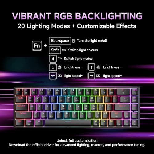 DIERYA DK68 60% Wireless Mechanical Gaming Keyboard, 3-Mode, Bluetooth 5.0/2.4G/USB-C, RGB Backlit, 68-Key Compact Mini for Windows, Mac, Linux - Linear Red Switch - Black - Image 5