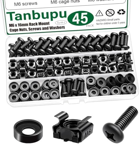 45PACK M6 x 16mm Rack Mount Cage Nuts, Screws, Washers, Black Server Rack Screws and Square Insert Nuts for Rack Mount Server Cabinet, Shelves, Enclosures, Routers by Tanbupu