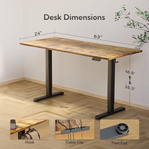Claiks Electric Height Adjustable Standing Desk, 63x24 Inch, Rustic Brown - Image 3