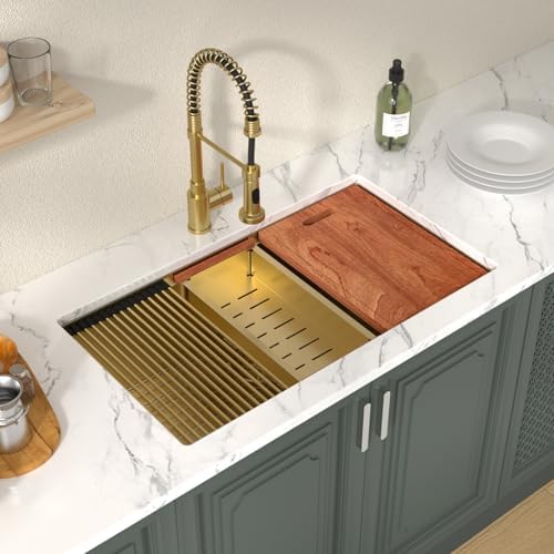 Lordear Gold Undermount Kitchen Sink 33" x 19" Stainless Steel Sinks 16 Gauge Single Bowl Ledge Workstation Handmade Under Counter Kitchen Sink Basin with Built-In Accessories - Image 2