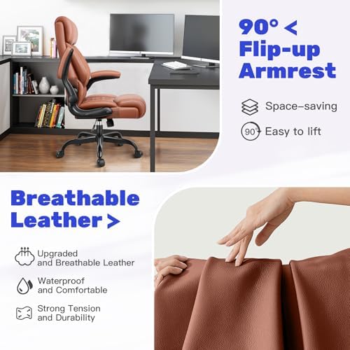 High Back Executive Office Chair - Ergonomic Computer Desk with Rocking Function, Leather Managerial with Adjustable Flip-Up Armrests and Lumbar Support - Image 3