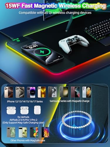 Magnetic Charging Mouse Pad, 31.5x11.81 Inch XL Gaming Mousepad, 11+5 RGB Lighting Modes, Home Office Large Desk Pad with Ultra-Smooth Surface, Non-Slip, Waterproof Keyboard Pad Classic Black Desk Mat - Image 4