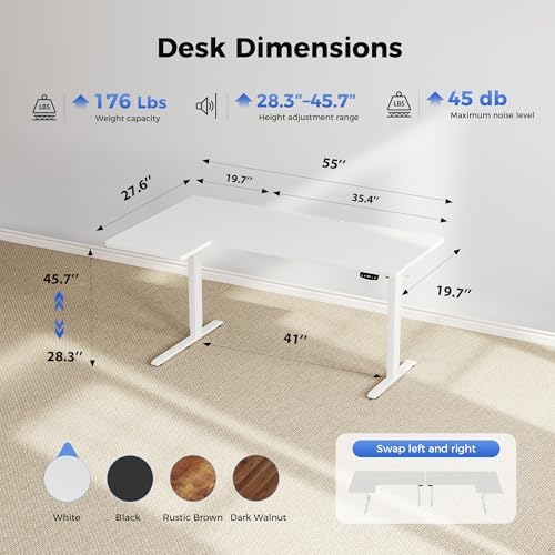 Agilestic 55 * 28 Inch Reversible L Shaped Electric Standing Desk, White - Image 3