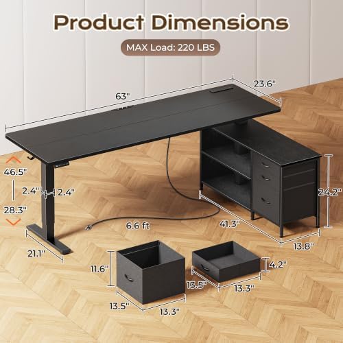 PRAISUN 63'' L Standing Desk with Outlets, Cabinet with Shelves, Drawers - Image 3