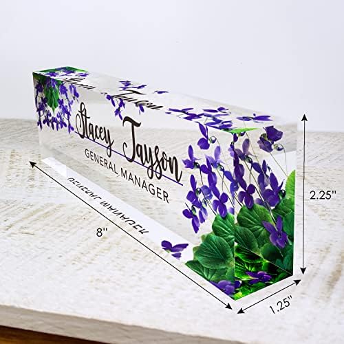 Artblox Personalized Name Plate For Desk | Violets Flowers Design On Clear Acrylic Glass | Custom Desk Name Plate Personalized With Your Name And Credentials For Teacher Phd Military Office Name Plate - Image 3