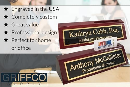Name Plate for Desk Engraved in USA by Griffco Supply | Desk Name Plate Personalized Plaque with Business Card Holder - Image 2
