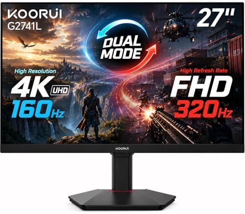 KOORUI 27" 4K Gaming Monitor - Dual Mode UHD 160Hz or FHD 320Hz, Fast IPS 1ms, FreeSync Premium & G-SYNC Compatible, HDMI 2.1/DP 1.4, HDR400, Height/Pivot/Tilt Adjustable, PC & Console Ready, G2741L by KOORUI