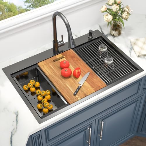 33 x 22 Black Kitchen Sink Drop In Double Bowl Stainless 50/50 Low Divide - Image 2
