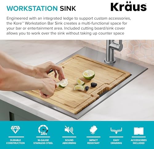 KRAUS Kore 15x22-Inch Drop In/Top Mount Workstation 16 Gauge Single Bowl Stainless Steel Bar Kitchen Sink with Accessories, Kitchen Sinks - Image 4