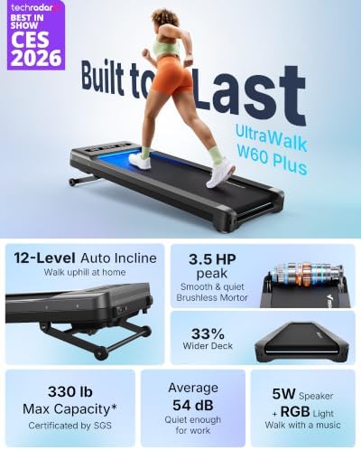 MERACH UltraWalk W60 Walking Pad Treadmill with 12% Auto Incline, Under Desk Walking Pad 400lb Capacity, Max 3.5HP Heavy Duty Walking Pad with Incline for Tall People with BT Speaker, RGB Light & APP - Image 2