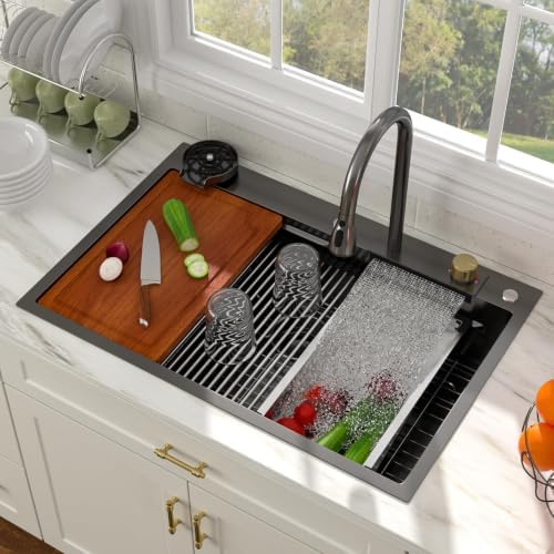 33x22 Black Drop In Waterfall Kitchen Sink with Accessories by Couoko