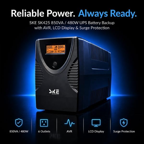 SKE SK425 425VA/240W UPS Battery Backup & Surge Protector - Uninterruptible Power Supply with LCD Display, AVR Voltage Regulation, 6 Outlets, Backup Power for PC, Router, NAS & Home Office - Image 3