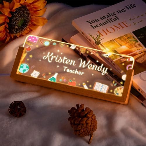 Personalized Teacher Desk Name Plate, Custom Light Up Acrylic Sign with LED Wood Base, Classroom Decor Gift for Teacher Appreciation, Back to School Office Plaque - Image 3