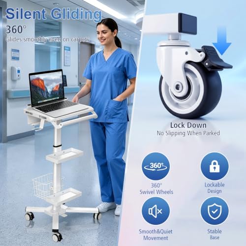 Anti-Theft Mobile Laptop Workstation, Height Adjustable Rolling Cart with Wheels (31.5" - 47.25"), Gas Lift Trolley with Oral Scanner Bracket, Dual Trays and Lab, for Dental Office, Clinic, Lab - Image 5