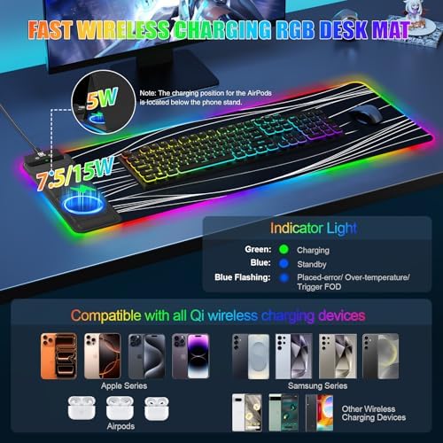 Mouse Pad with Foldable Phone Holder & Wireless Charger, XL RGB Gaming Mousepad 31.5"x11.8" Large Desk Mat for Keyboard, Home Desk Pad with Dual Qi Charging Station | 11 Colors & 5 Modes | Waterproof - Image 2
