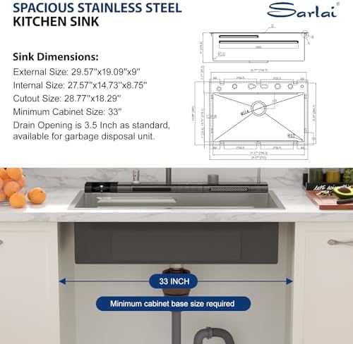 Sarlai 30 Inch Waterfall Kitchen Sink - 30x19 Inch Drop In Workstation Sink With Waterfall Stainless Steel 16 Gauge Multifunction Single Bowl Top Mount Kitchen Sinks with HoneyComb Finish - Image 7